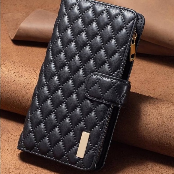 Black Quilted iPhone Xs, X Wallet Cover with Flip Credit Card Holder Stand - Picture 2 of 9